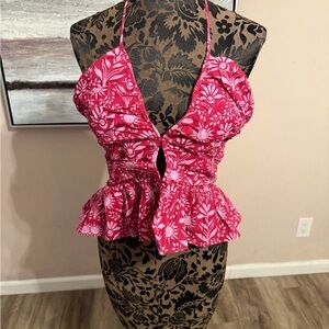 Free People Pink Floral Halter Peplum Top Smocked Back Size Medium
